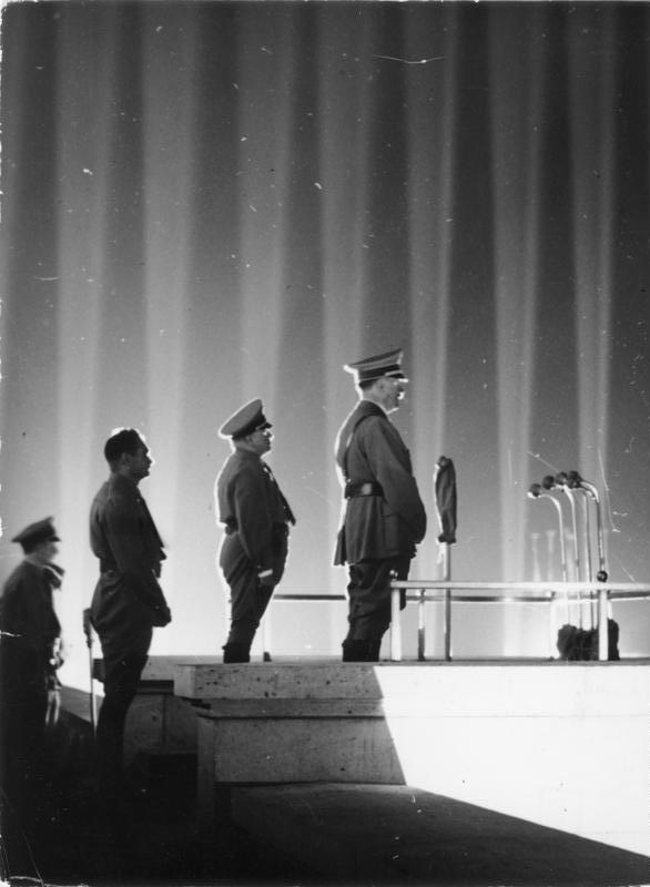 Adolf Hitler on the tribune of the Zeppelinfeld in Nuremberg in front of 14000 political leaders of the NSDAP